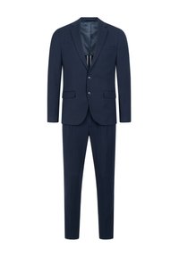 Granatowy garnitur z jednorzędową marynarką, dwoma guzikami, klapami z wcięciem oraz dopasowanymi spodniami z płaskim frontem i prasowanymi kantami.