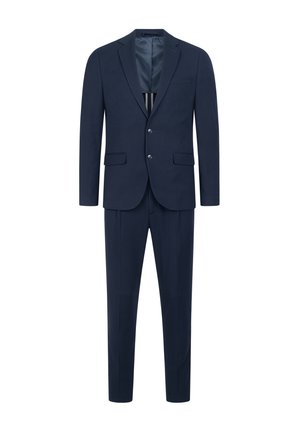 Marineblå jakkesæt med enkeltbreddet jakke, to knapper, hakkede revers og matchende bukser med flad front og presset kant.