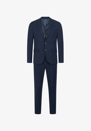 Marineblauer Anzug mit einreihigem Sakko, zwei Knöpfen, Kerbklappen und passenden Hosen mit flacher Vorderseite und Bügelfalte.