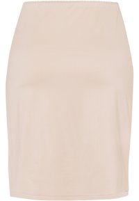 Beige glidende nederdel lavet af glat syntetisk materiale, med en strækbar talje og en knælængde kant, designet til en tætsiddende silhuet.
