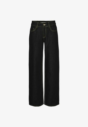 Sorte vide benklær laget av denim med kontrastfargede gule sømmer. Har knappelukking og flere lommer.