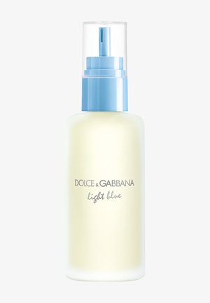 Frosted glass bottle with light blue pump and clear cap, labeled Dolce & Gabbana light blue, containing a cosmetic liquid.