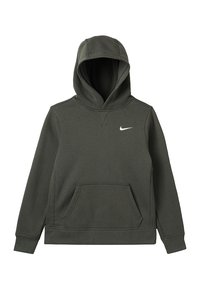 Tmavě zelená mikina s kapucí vyrobená z měkké látky, s klokaní kapsou, ribovanými manžetami, lemem a malým bílým logem Nike na hrudi.