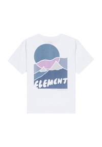 Weißes T-Shirt mit einem grafischen Design von stilisierten Bergen, einer Sonne und dem Wort "ELEMENT" in fetten Buchstaben auf dem Rücken.