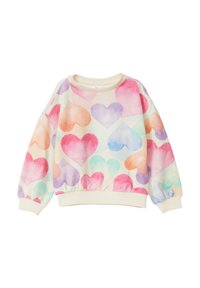 Sweatshirt mit langen Ärmeln und rundem Ausschnitt, mit einer cremefarbenen Basis und einem bunten Herzmuster in Aquarellfarben in Pink, Lila und Türkis.