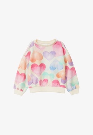 Sudadera de manga larga con cuello redondo, con base color crema y un patrón de corazones coloridos en tonos acuarelados de rosa, púrpura y azul verdoso.