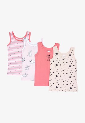Cuatro camisetas sin mangas: una rosa con corazones, una blanca con estampados de conejitos, una rosa lisa y una beige con estrellas negras. Todas tienen una tela suave y detalles de lazo.