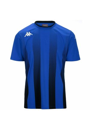 Maglietta atletica a maniche corte blu con strisce verticali nere, scollatura rotonda e un logo bianco sulla spalla sinistra. Realizzata in tessuto leggero.