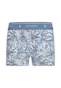 Boxer-briefs bleus avec un motif floral présentant des fleurs blanches et rouges, et un ceinturon élastique bleu contrastant arborant l'inscription "JACK & JONES".