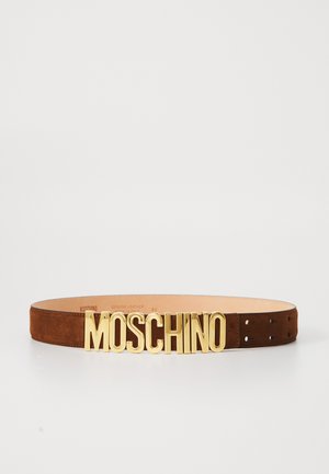 Brown suede belt with a gold-tone "MOSCHINO" logo as a buckle. Features multiple holes for size adjustment and a smooth leather interior.
