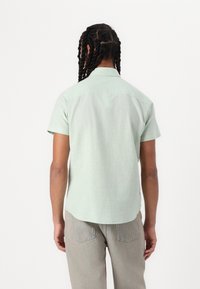 Camicia a maniche corte in tessuto verde chiaro, con colletto button-down e orlo curvo. La vista posteriore mostra una texture liscia e senza motivi.