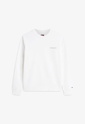 Hvid crewneck-sweatshirt med lange ærmer, "tommy jeans" tekst på venstre bryst, lille flaglogo på venstre ærmekant.