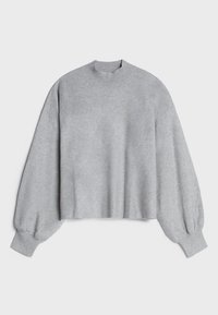Grijze cropped trui met een hoge geribde halslijn en volumineuze ballonmouwen. Gemaakt van een zachte gebreide stof met een gladde textuur.