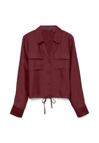 Bordeauxfarbendes Hemd mit Knopfleiste und Kragen, zwei Brusttaschen, langen Ärmeln und einem Bindeband am Saum. Strukturierten, leichten Stoff.