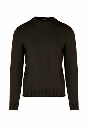 Maglione verde scuro lavorato a maglia a maniche lunghe con polsini, orlo e scollatura a giro coste, mostrato su sfondo bianco.
