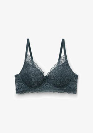 Lace bra in dark gray, featuring molded cups, adjustable straps, and scalloped edges. Decorative floral pattern throughout.