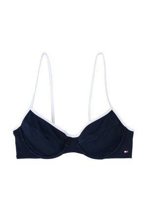 Navy blue bikini top with white trim, featuring molded cups and thin straps. Includes a small logo tag on the side.