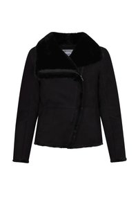Veste en suede noire avec un col en fausse fourrure, fermeture éclair frontale asymétrique et manches longues. Finition texturée et design élégant.