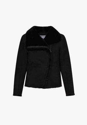 Zwarte suède jas met een nepbont kraag, asymmetrische voorknopsluiting en lange mouwen. Gelaagde afwerking en slank ontwerp.