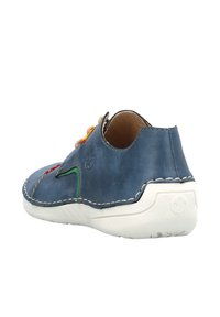Scarpa in pelle blu con dettagli colorati nei cuciture, suola bianca, forma arrotondata e superficie liscia. Presenta un logo vicino al tallone.