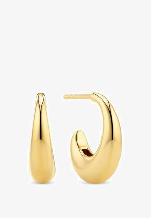 Guldtonade hängande örhängen med en slät, böjd design. Det ena örhänget har en avsmalnande form, medan det andra har en bredare, rundad ände.