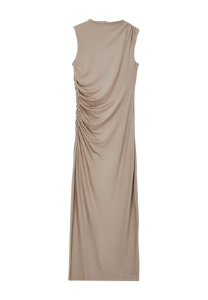 Abito beige senza maniche con scollatura rotonda e dettagli arricciati sui lati, realizzato in un tessuto morbido, che arriva alla caviglia.