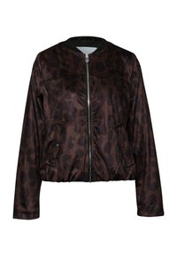 Giacca bomber con stampa leopardo marrone, con zip frontale, colletto a coste e tasche laterali. Tessuto liscio con vita leggermente arricciata.