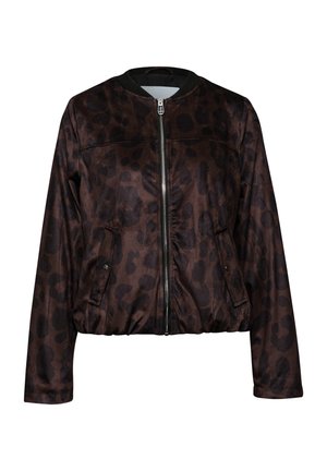 Giacca bomber con stampa leopardo marrone, con zip frontale, colletto a coste e tasche laterali. Tessuto liscio con vita leggermente arricciata.