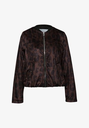 Braune Bomberjacke mit Leopardenmuster, Reißverschluss vorne, geripptem Kragen und Seitentaschen. Glatter Stoff mit leicht gerafftem Taillenbereich.