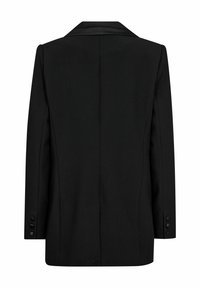 Schwarzer Blazer mit strukturierter Silhouette, Reverskragen, einem Rückenschlitz und geknöpften Ärmeln. Glattes Material ohne sichtbare Muster.