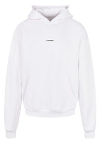 White sweatshirt with a hood, front kangaroo pocket, ribbed cuffs, and hem. Features a small black logo centered on the chest.