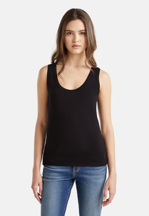 Zwart mouwloos tanktop met een ronde hals, gemaakt van een zachte stof. Het ontwerp heeft een aansluitende silhouet en een gladde textuur.