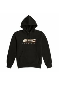 Felpa con cappuccio nera realizzata in tessuto morbido. Presenta una tasca frontale, un cappuccio con lacci e un grande logo stampato sul petto.