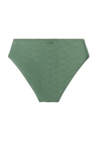 Bikini inferiore verde con un motivo testurizzato diagonale, gambe alte e bordi lisci. Realizzato in un materiale elastico e leggero.