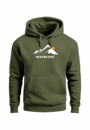 Olivgrüner Hoodie mit einer vorderen Kängurutasche und einer Kapuze mit Kordelzug. Das Design zeigt eine weiße Berggrafik und eine orange Sonne.