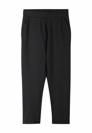 Czarne, dopasowane spodnie z elastycznym pasem, bocznymi kieszeniami i subtelnym pionowym logo "reima" na dolnej części nogawki.