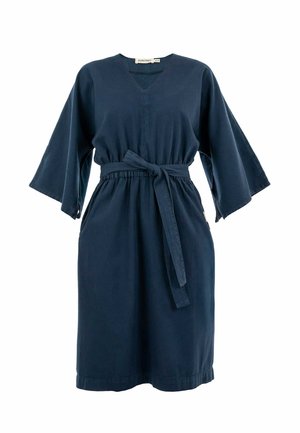 Navy blue dress with a V-neck, wide sleeves, and a waist tie. Made of soft fabric, featuring a relaxed fit and side pockets.
