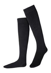 Calze nere fino al ginocchio realizzate in tessuto liscio con polsini elastici. Design semplice caratterizzato da una texture uniforme e senza motivi visibili.