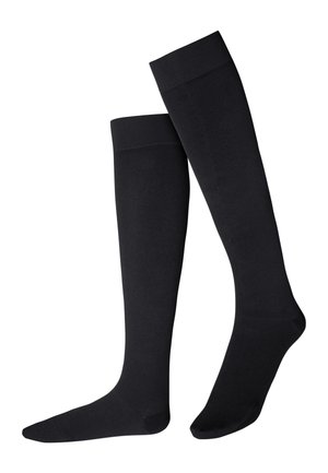 Zwarte kniekousen van soepel materiaal met elastische boorden. Eenvoudig ontwerp met een uniforme textuur en zonder opvallende patronen.
