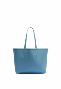 Borsa tote blu strutturata con doppio manico, forma rigida e bordi azzurri a contrasto, adatta per un uso quotidiano e casual.