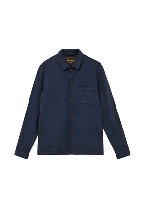 Férfi sötétkék hosszú ujjú ing, gallérral, mellzsebbel és öt látható gombbal az elején.