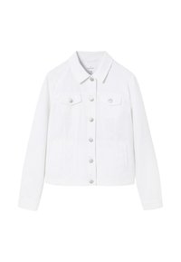 Veste en denim blanc avec un col, deux poches avant à rabat avec bouton et fermeture centrale à boutons. Texture lisse et forme structurée.