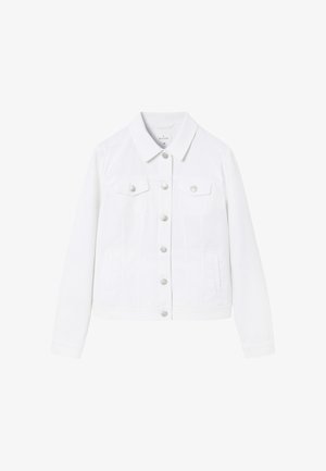 Valge denimpusa, millel on krae, kaks esiplokki nuppudega klappide ja keskse nupuga kinnitusega. Sile tekstuur ja struktureeritud kuju.