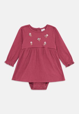 Long-sleeve dusty rose baby dress with small embroidered flowers on chest and snap closures on bottom bodysuit.