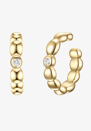 Orecchini a cerchio in oro con un design a forma di perla, ciascuno con un accento di pietra preziosa trasparente e rotonda. Texture liscia e forma arrotondata.