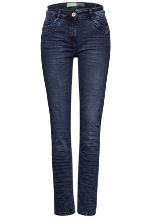 Donkerblauwe denim jeans met een slim fit, vijf zakken, een knoopsluiting en subtiele vervaging aan de voorkant en achterkant voor extra textuur.