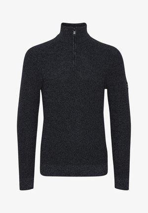 Mørkegrå pullovertrøje med lynlås i halsen, lavet af struktureret strikket stof. Har lange ærmer og ribkantede manchetter og kant.