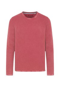 Langärmliges, geripptes T-Shirt aus weichem rosa Stoff. Verfügt über einen runden Halsausschnitt und einen geraden Schnitt mit sichtbaren Nähten am Saum.