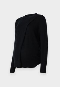 Svart långärmad stickad tröja med lager-på-lager detalj över framsidan och ribbade muddar och nederkant.