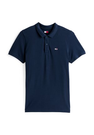 Marineblauwe polo gemaakt van katoen, met een gekleed kraag, een knoopsluiting met twee knopen en een klein logo op de borst. Soepele textuur.